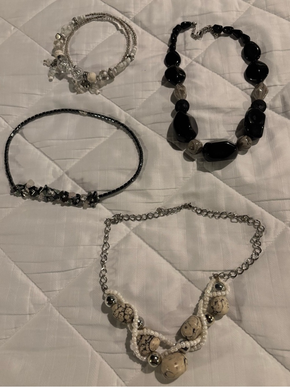 Handcrafted White Beaded Statement Necklace with Stone Accents